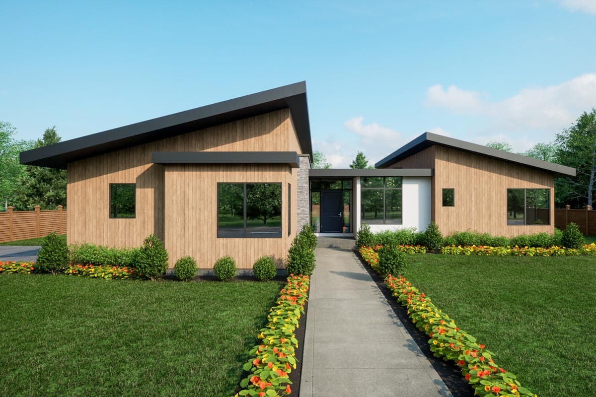 House plan exterior. Modern style, one story. Features include asymmetrical rooflines, large windows, and contrasting siding.