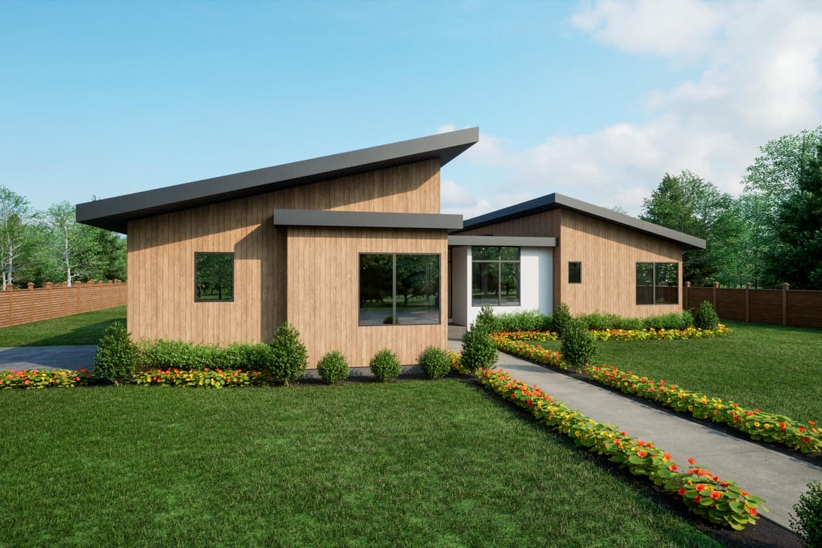Modern house plan exterior with wood siding, asymmetrical rooflines, and large windows.