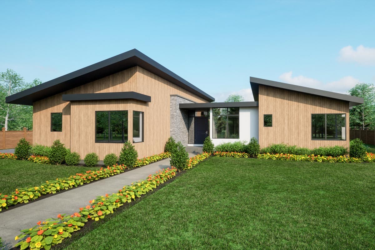 House plan exterior: single-story modern home with asymmetrical rooflines, wood siding, stone accent, and large windows.