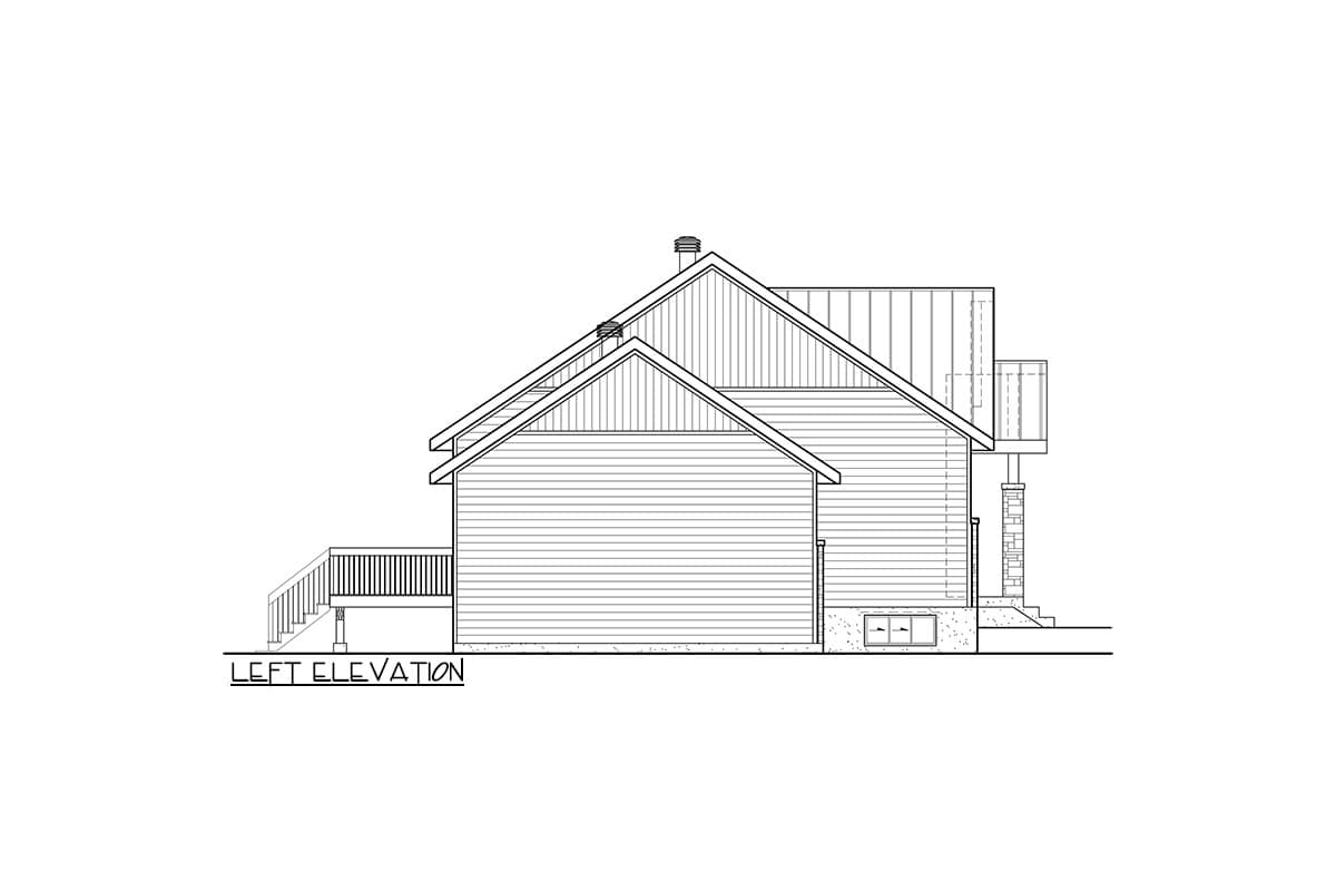 Left elevation house plan with horizontal siding, multiple gables, chimney, and deck.