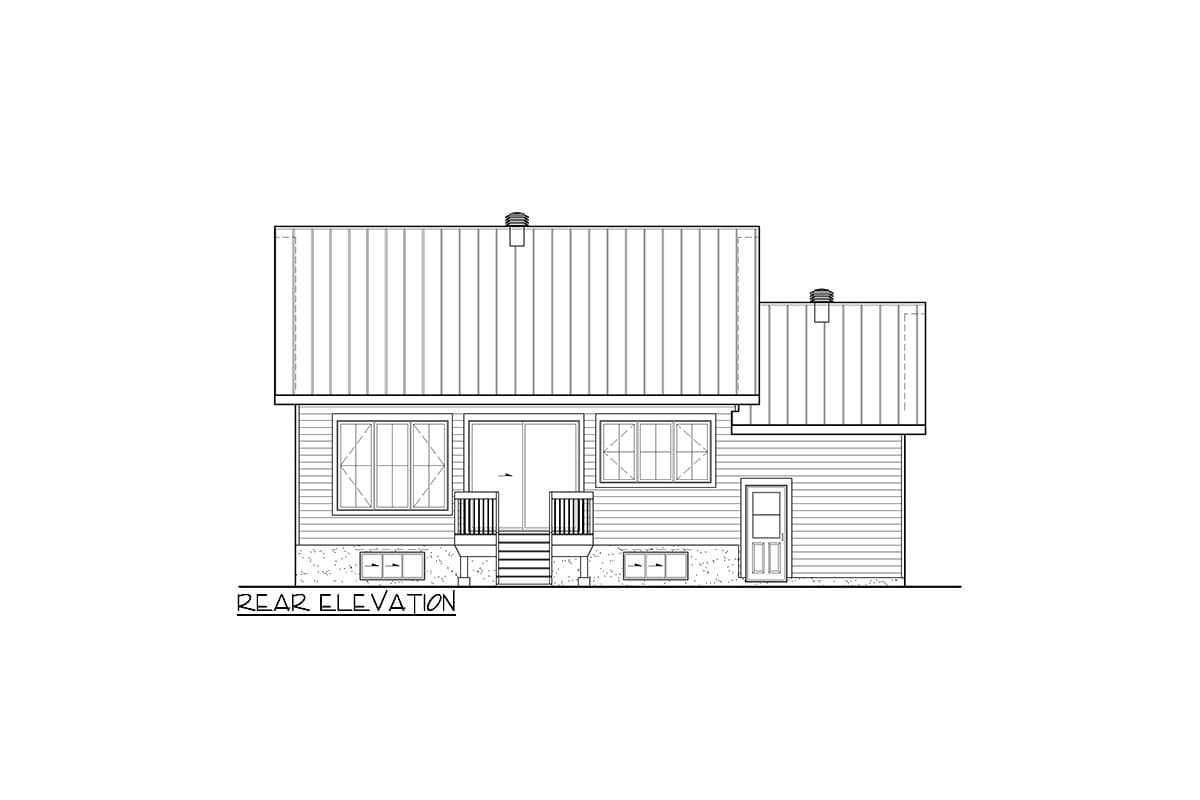 Rear elevation drawing of a house plan featuring a standing seam roof, sliding glass door with deck, and side entry door.
