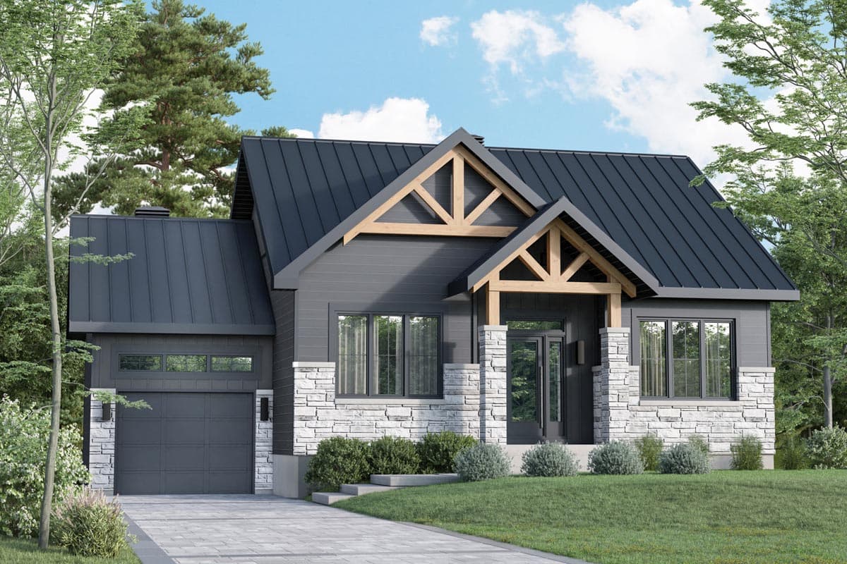 House plan exterior. Craftsman style with a metal roof, exposed timber framing at the gables, and stone veneer accents on a one-story structure.