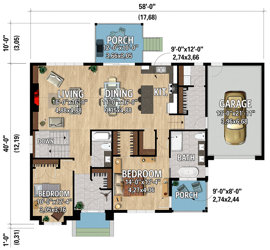 Plan 801124PM: 2 Bed Transitional House Plan Under 1600 Square Feet with a 1 Car Garage - Floor Plan - Main Level - Contemporary, Ranch, Transitional