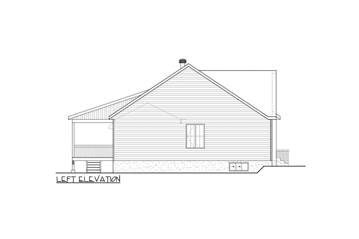 Left elevation drawing of a single-story house plan showing a covered porch, pitched roof, and vinyl siding.