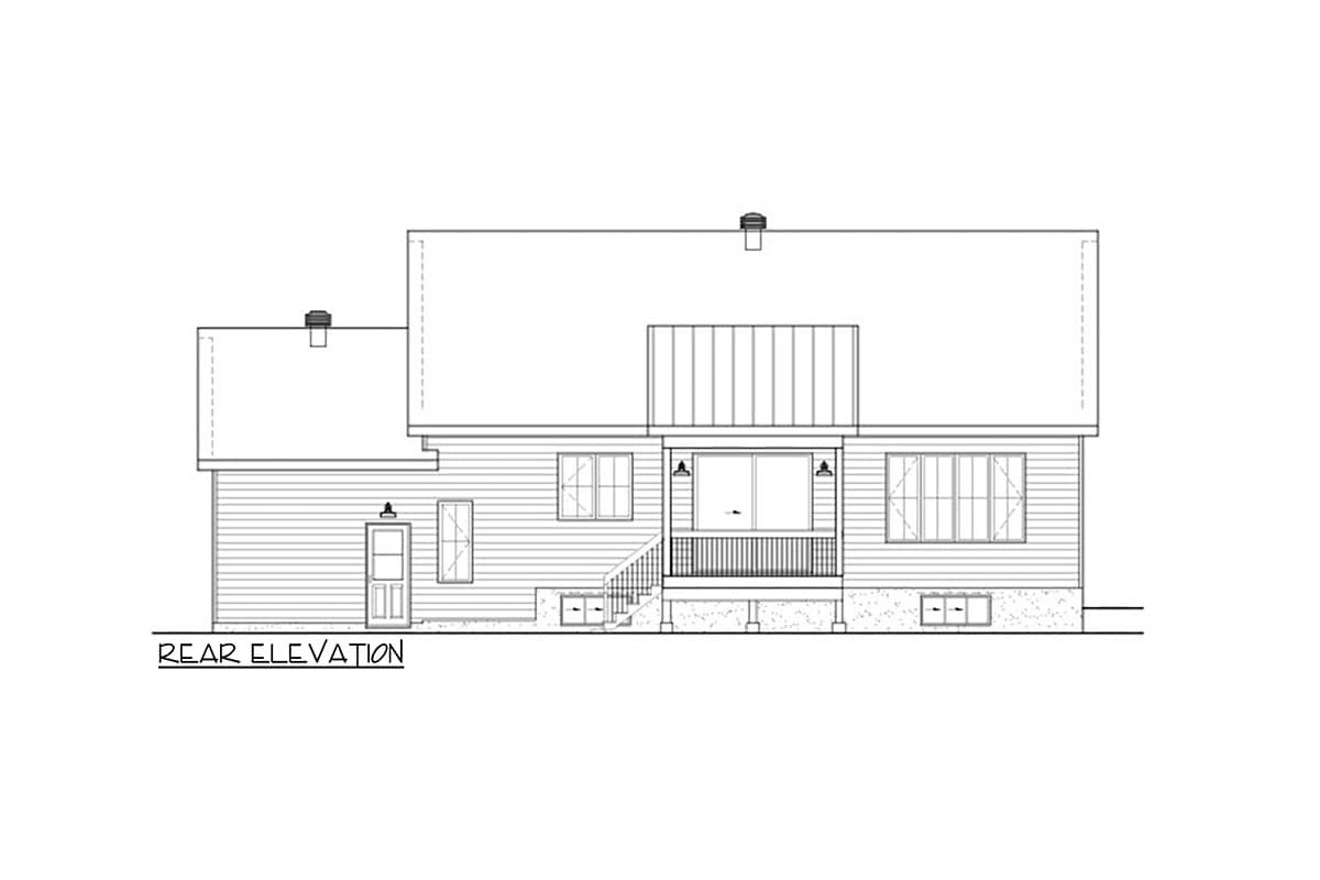 Rear elevation drawing of a house plan featuring a covered porch, multiple windows, and siding.