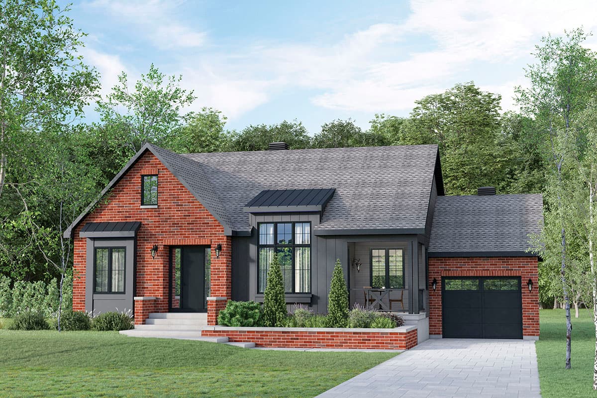 House plan exterior with brick facade, gable roof, and attached garage. Features include a covered porch and dormer window.