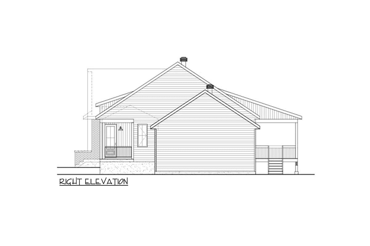 Right elevation drawing of a house plan, showing a covered front porch, gables, and a rear porch.