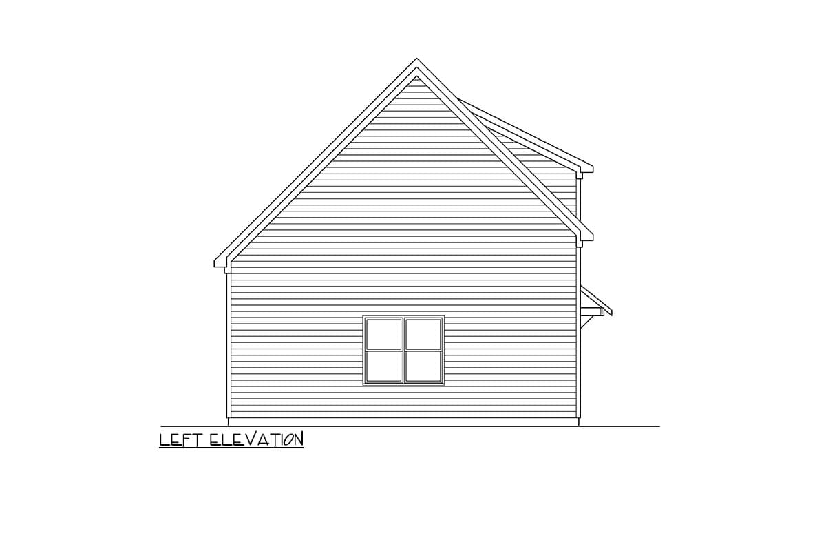 Left elevation drawing of a house plan, showing horizontal siding, a gable roof, and one window.