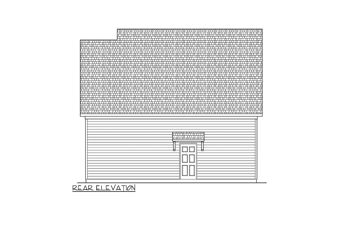 Rear elevation drawing of a house plan with horizontal siding and a simple door with a small shed roof above.