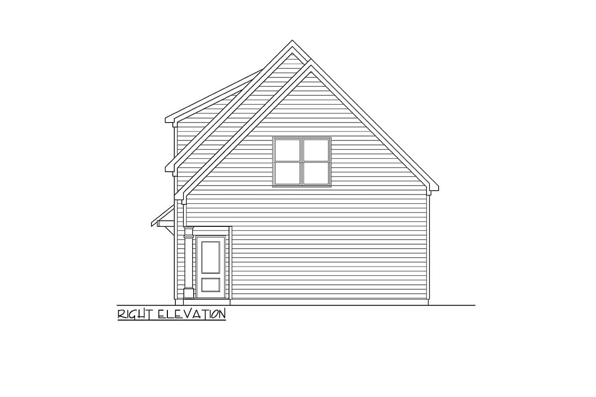 Right elevation drawing of a two-story house with horizontal siding, a prominent gable roof, and a front door with porch columns.