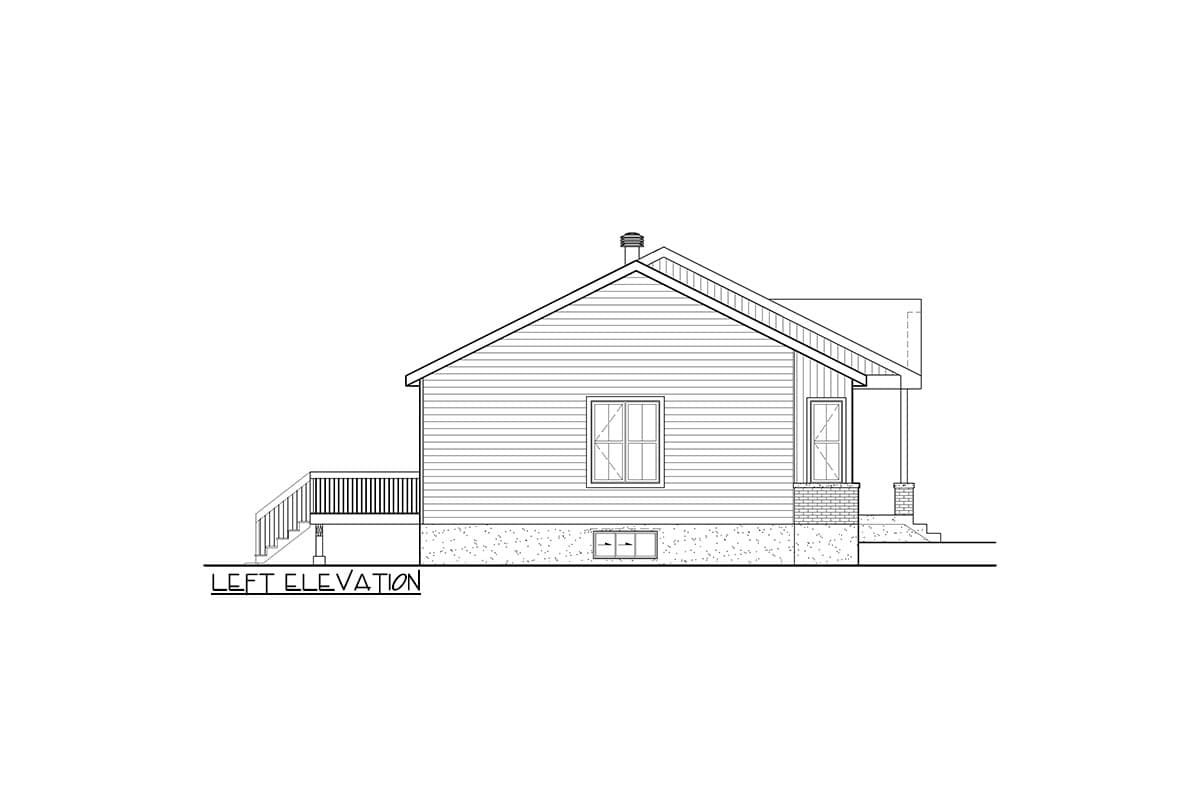 Left elevation drawing of a single-story house plan with a deck, porch, and visible foundation.