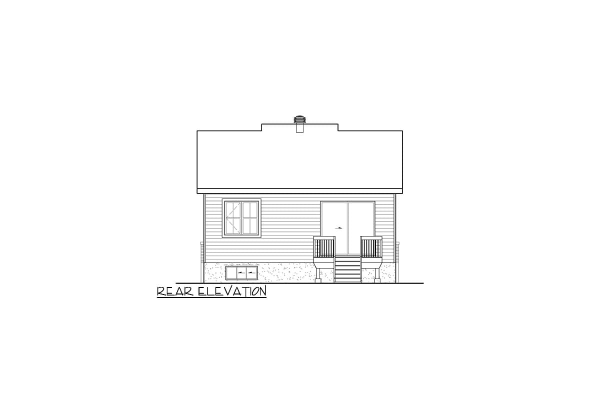 Rear elevation drawing of a house plan showing a window, sliding glass door, and deck with stairs.