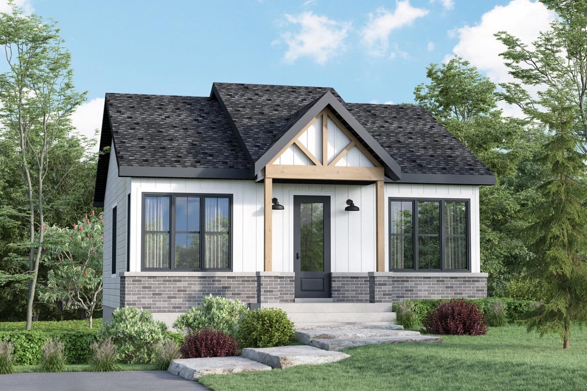 House plan exterior. One-story Modern Farmhouse with gable roof, covered porch, and brick foundation. Features black-framed windows.