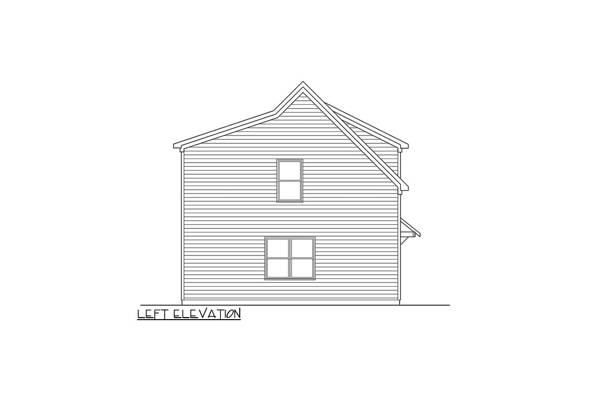 Left elevation drawing of a two-story house plan with horizontal siding, two windows on each level, and a pitched roof.
