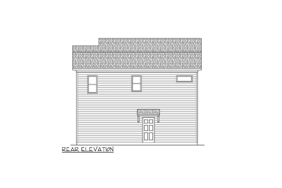 Rear elevation drawing of a two-story house plan, featuring horizontal siding, a central door with a small pediment, and three windows.