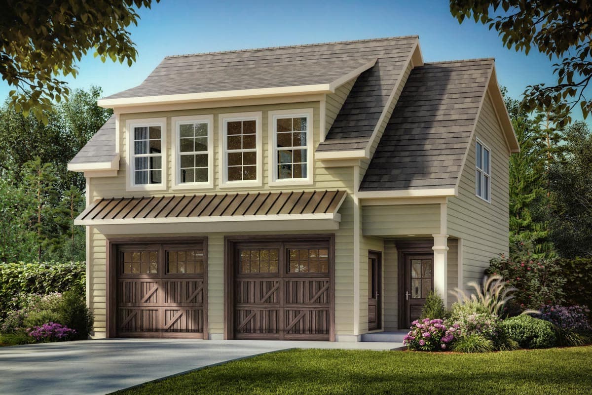 House plan exterior. Two-story with gabled roof, two-car garage, and dormer windows. Features include a covered porch and siding.