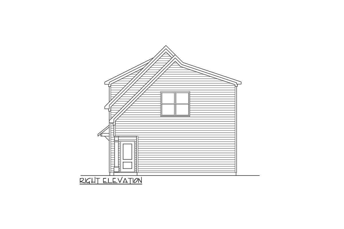 Right elevation drawing of a two-story house plan with horizontal siding, a prominent gable roof, and a single front door.