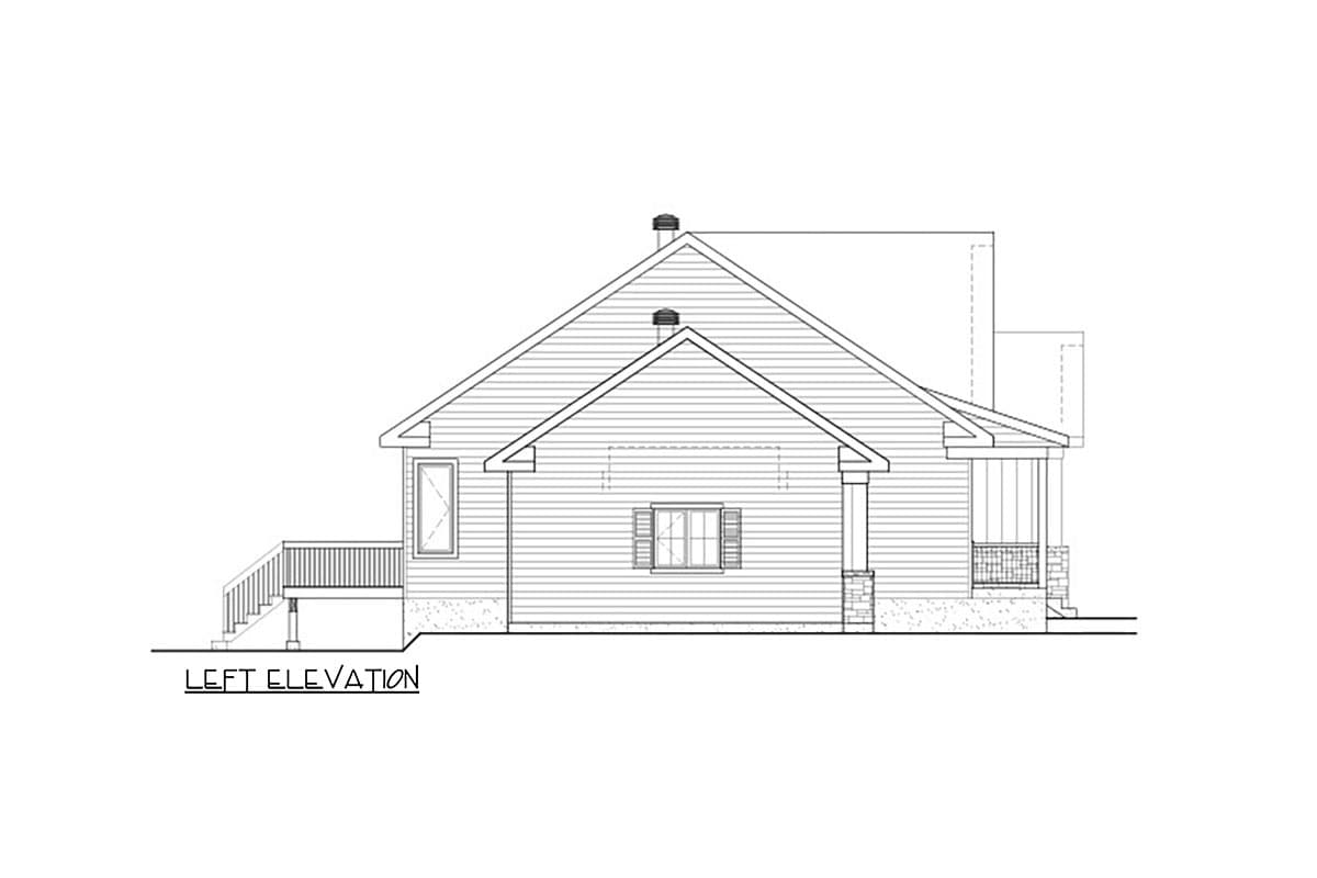 Left elevation house plan. One-story dwelling with a deck, gabled roof, and covered porch with stone supports.