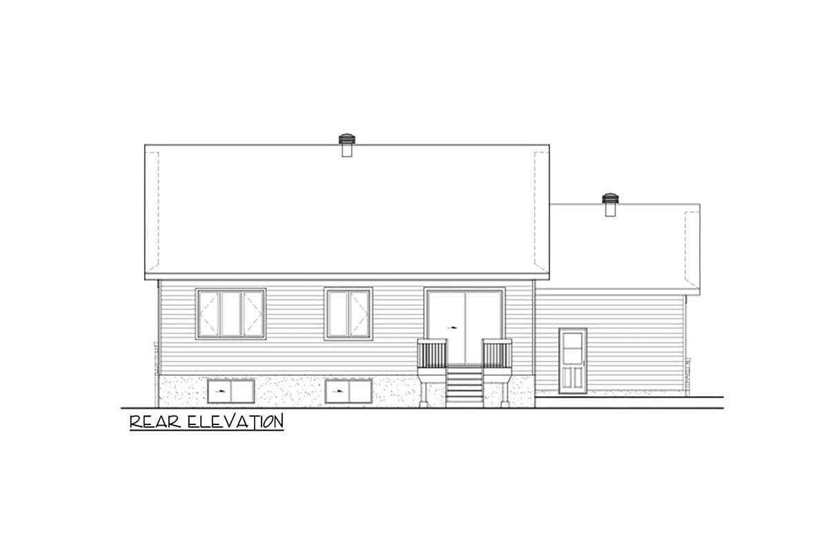 Rear elevation drawing of a house with horizontal siding, double doors, a single door, and several windows.