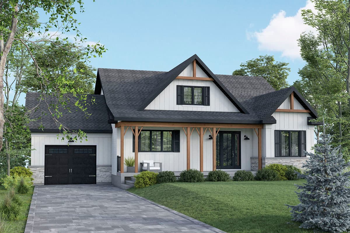 House plan exterior. Two-story Modern Farmhouse with gables, porch with exposed beams, and attached garage. Black trim and accents.