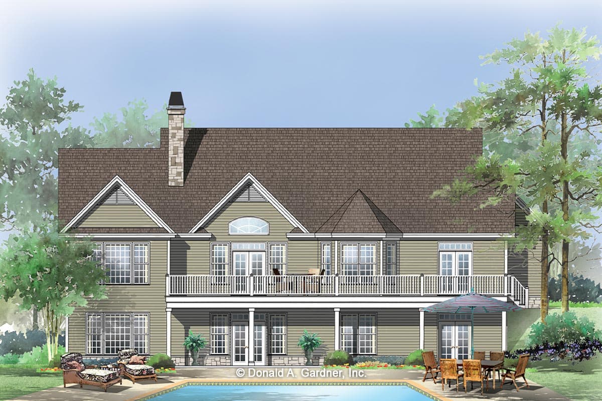 House plan exterior: Two-story dwelling with multiple gables, prominent chimney, wide upper balcony, and walk-out basement.