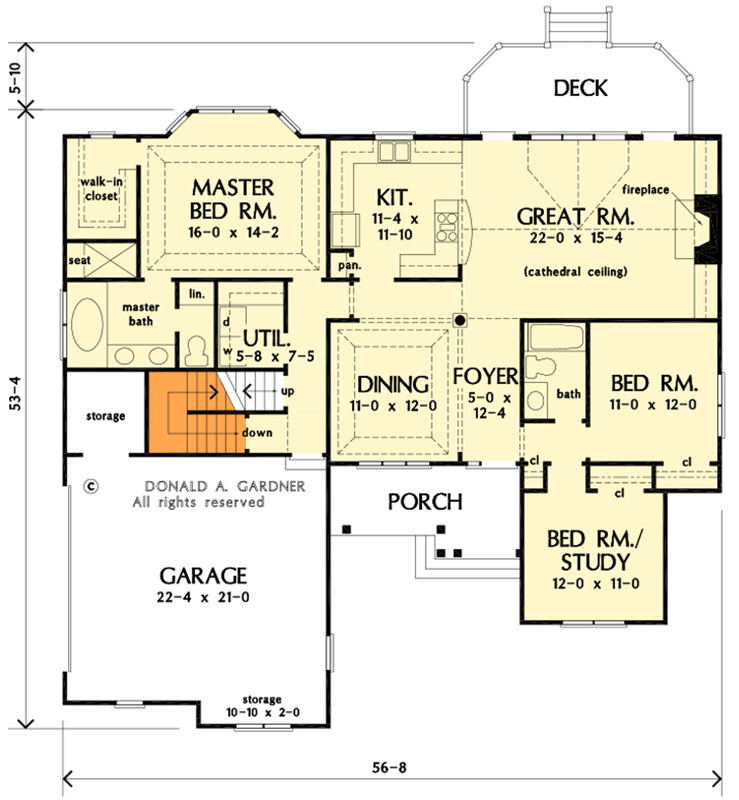 Plan 444392GDN: 1650 Square Foot House Plan with Flex Room and Bonus Above Garage - Floor Plan - Main Level - Basement Stairs Location - Colonial, Ranch, Traditional