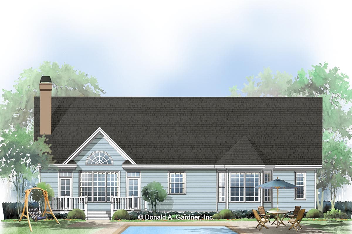 House plan exterior: Ranch style with a prominent gable, arched window, chimney, and a wraparound deck.
