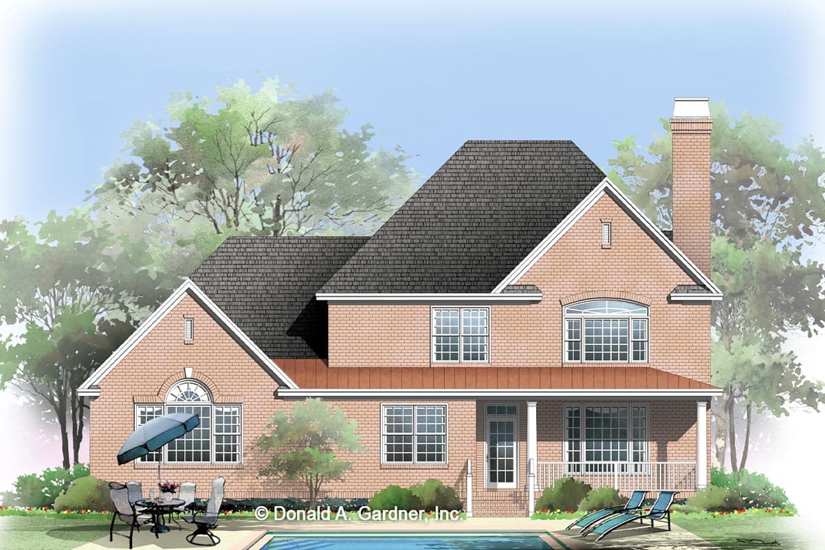 House plan exterior: Two-story brick home with multiple gables, a covered porch, and a prominent brick chimney.