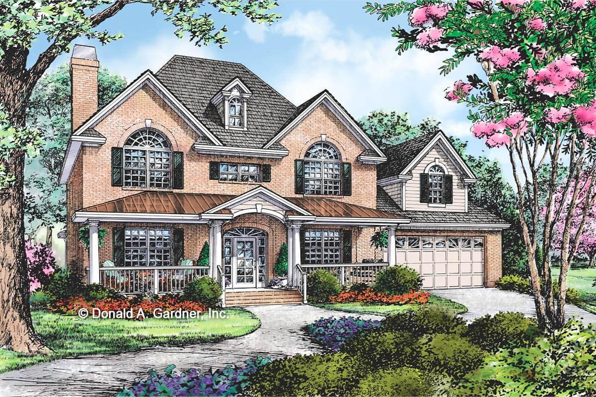 House plan exterior. Two-story brick home with gables, a covered porch with columns, and an attached garage. Features arched windows.