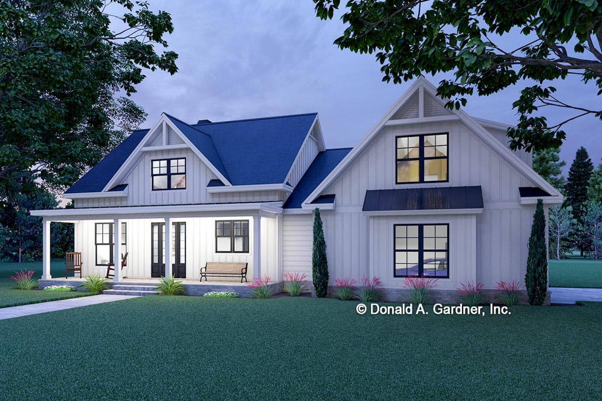 Modern Farmhouse house plan exterior with wraparound porch, gables, and board-and-batten siding.