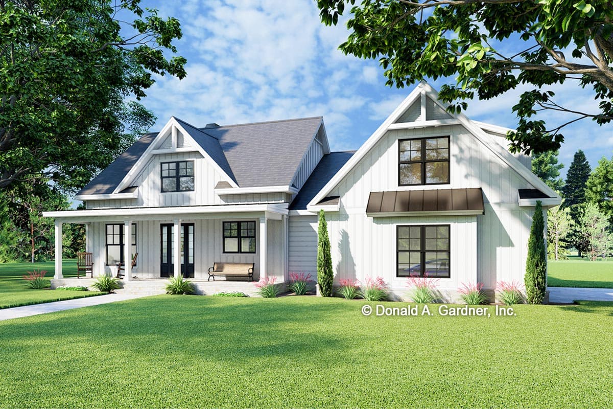 House plan exterior rendering. Modern Farmhouse style with a gabled roof, a covered porch, and dormers. Two-story house with board and batten siding.