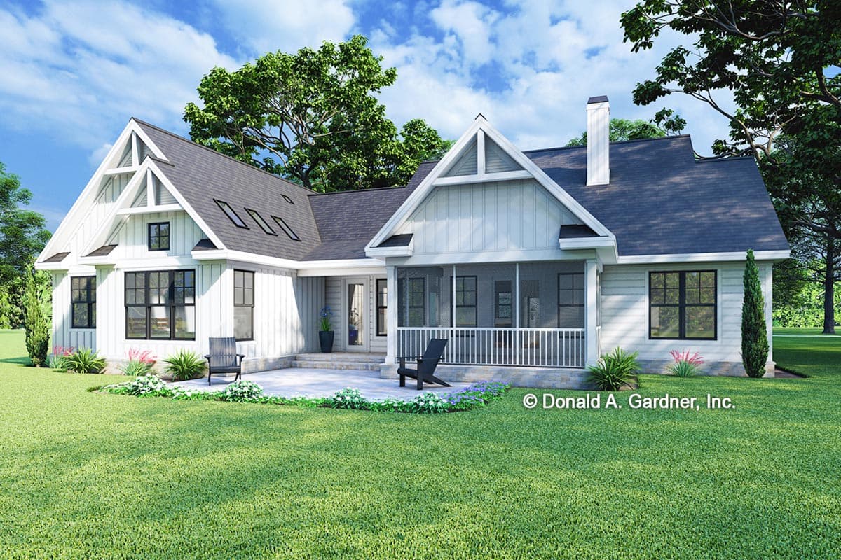 Modern Farmhouse house plan exterior with gabled dormers, a screened porch, and multiple rooflines.