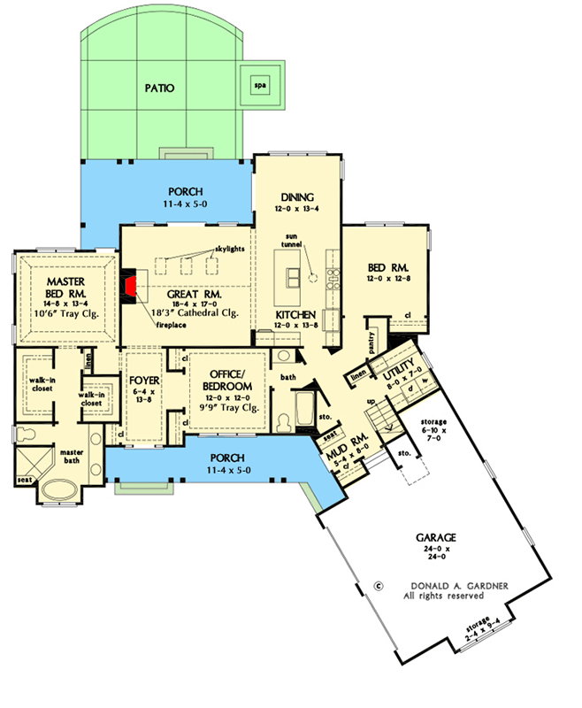 Plan 444396GDN: Modern Farmhouse with 2005 Square Feet of Heated Living and an Angled Garage - Floor Plan - Main Level - Country, Craftsman, Modern Farmhouse, New American, Ranch