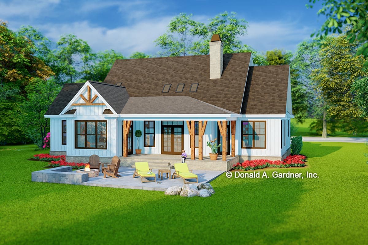 Modern Farmhouse house plan exterior, one story, large covered porch with wood columns, prominent gables, and stone chimney.