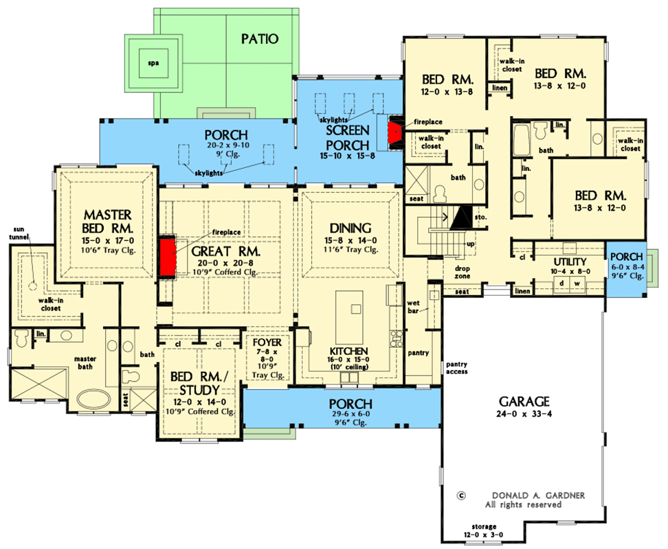 Plan 444397GDN: New American Farmhouse Plan Under 3400 Square Feet with Flex Room and 3 Porches - Floor Plan - Main Level - Country, Craftsman, Modern Farmhouse, New American