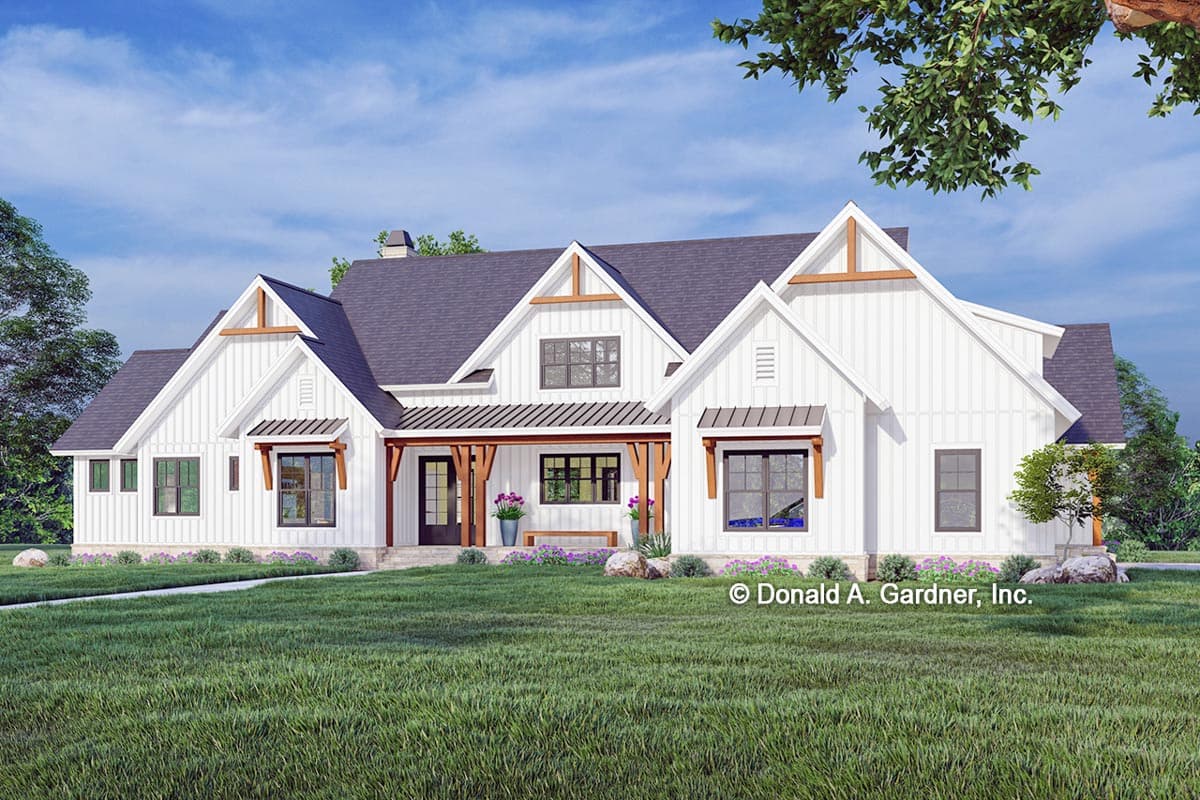 House plan exterior. Modern Farmhouse style, one story. Features include gable roof, covered porch with exposed beams, and board-and-batten siding.