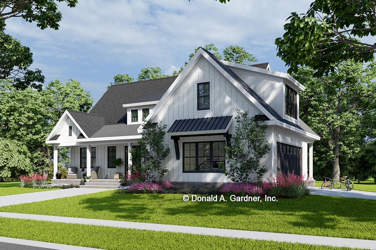 Modern Farmhouse house plan exterior, two stories, with a covered porch, gables, dormers, and an attached garage.