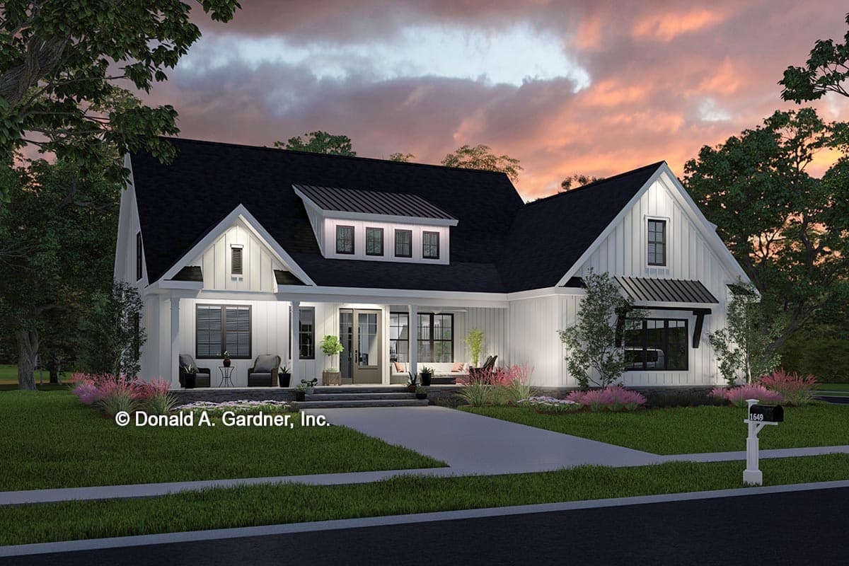 Modern Farmhouse house plan exterior with white board and batten siding, metal roof dormer, gables, and covered porch.