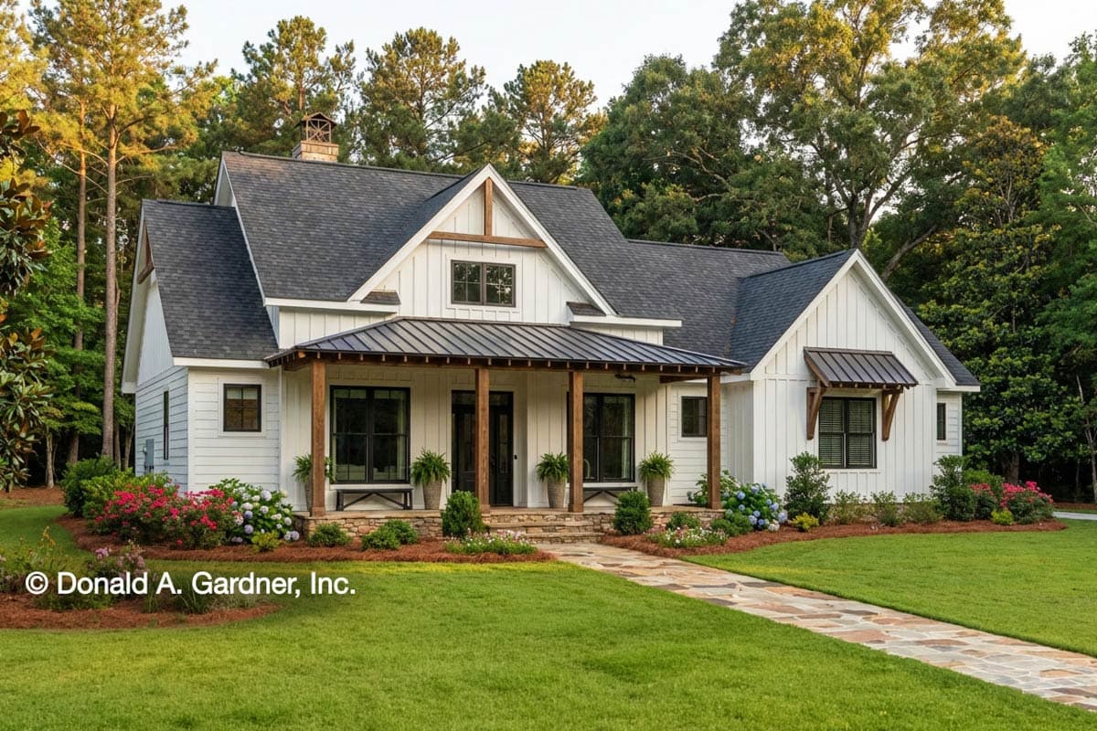 Plan 444399GDN: Rustic Modern Farmhouse Under 1600 Square Feet with Flex Room - Image #1 - Cottage, Country, Farmhouse, Modern Farmhouse, Rustic, Traditional