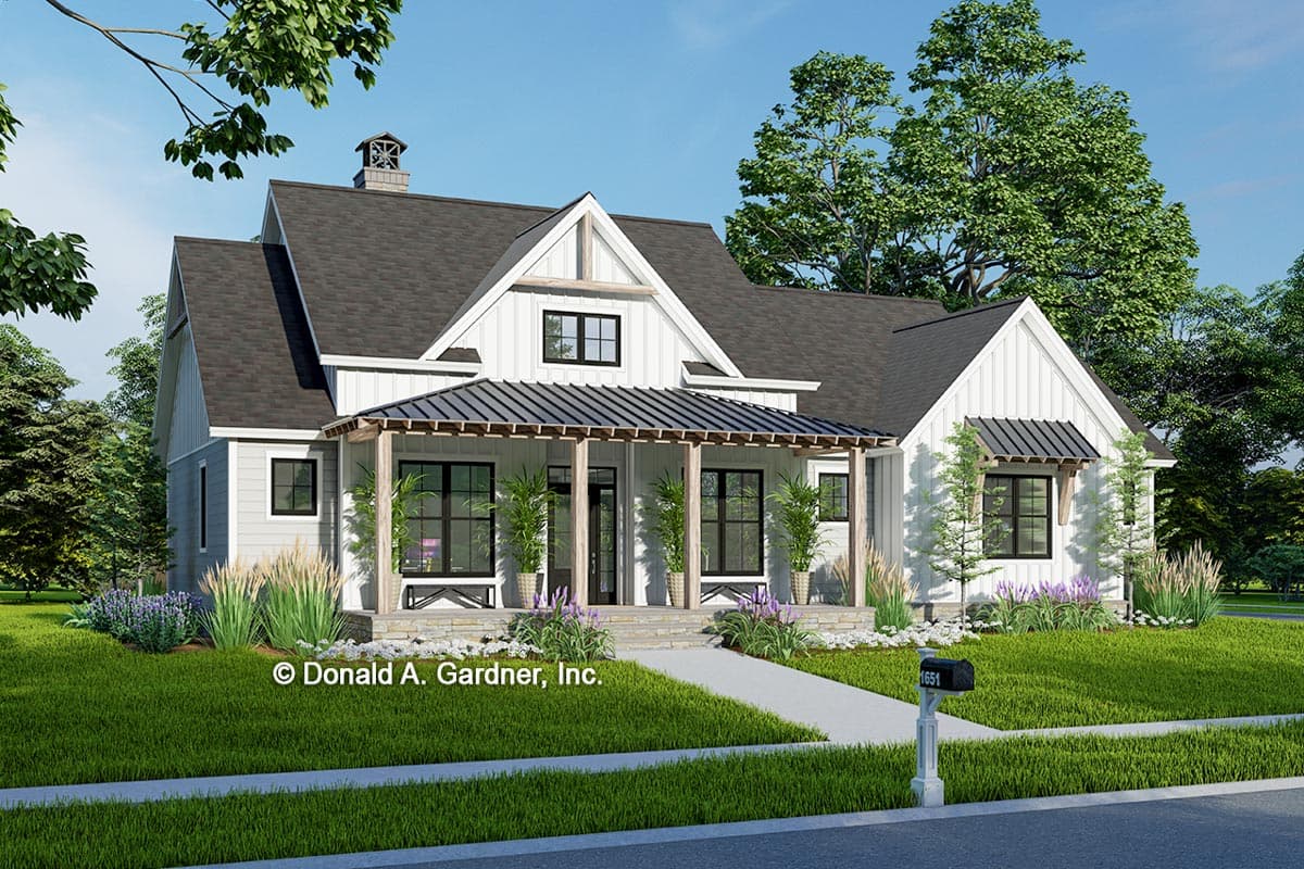House plan exterior. Modern Farmhouse style, one-story. Features include a porch with pergola, gabled roof, and board and batten siding.