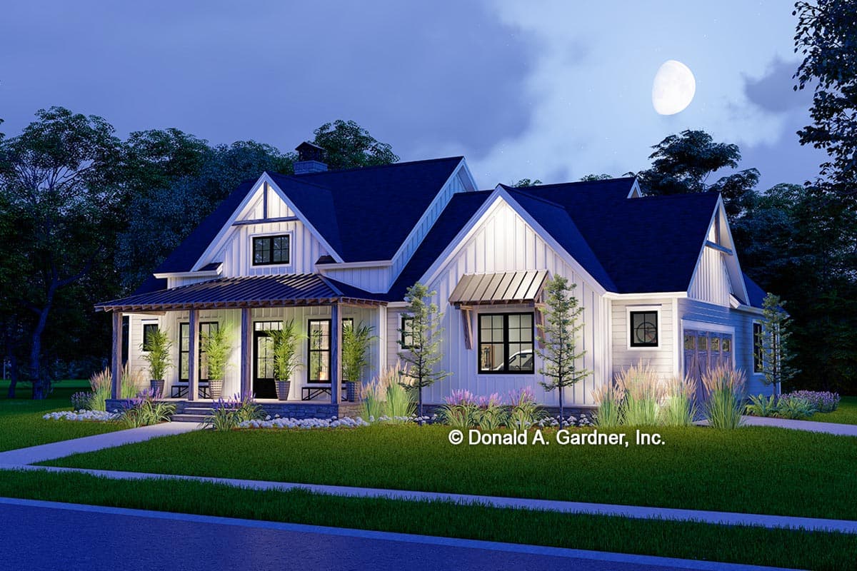 Modern Farmhouse house plan exterior with covered front porch, gables, metal awnings, and side-entry garage.