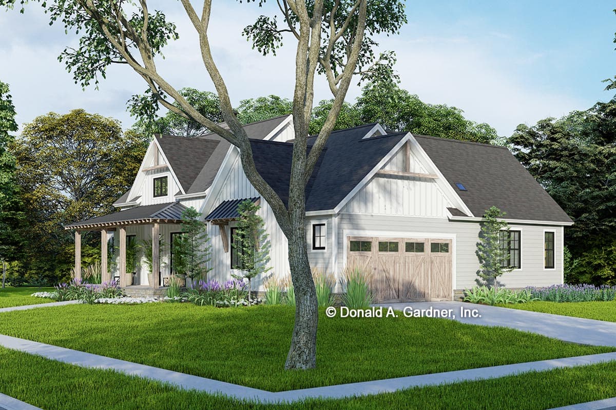 Modern Farmhouse house plan exterior with a covered front porch, board-and-batten siding, gable rooflines, and a two-car garage.
