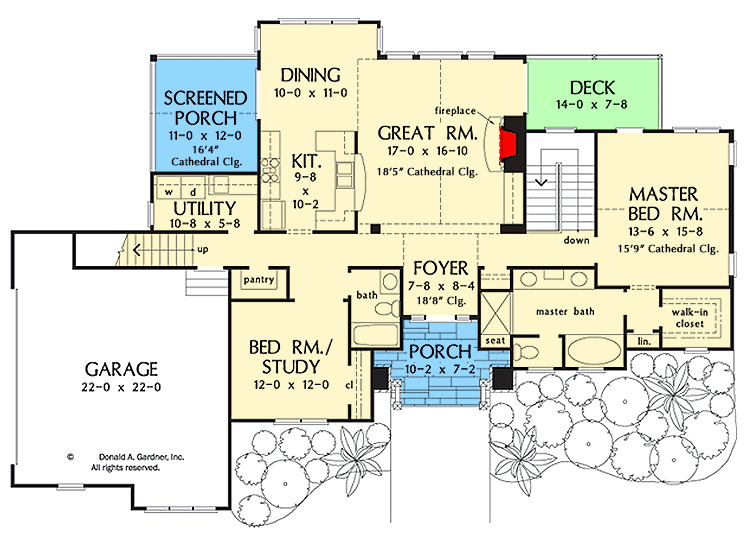 Plan 444400GDN: Hillside Craftsman with Lower Level Rec Room and a Private Master Suite Deck - Floor Plan - Main Level - Country, Craftsman, Ranch, Rustic