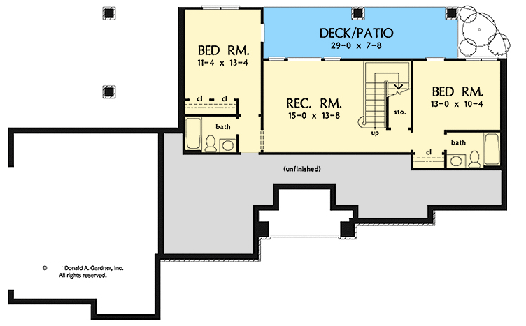 Plan 444400GDN: Hillside Craftsman with Lower Level Rec Room and a Private Master Suite Deck - Floor Plan - Lower Level - Country, Craftsman, Ranch, Rustic