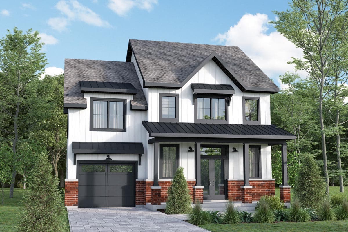 House plan exterior. Two-story Modern Farmhouse with a front porch, gabled roof, and attached garage. Features brick and board-and-batten siding.