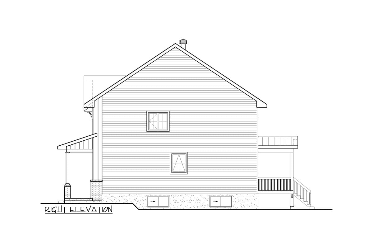 Right elevation of house plan, showing a gabled roof, front porch with brick piers, and rear deck.