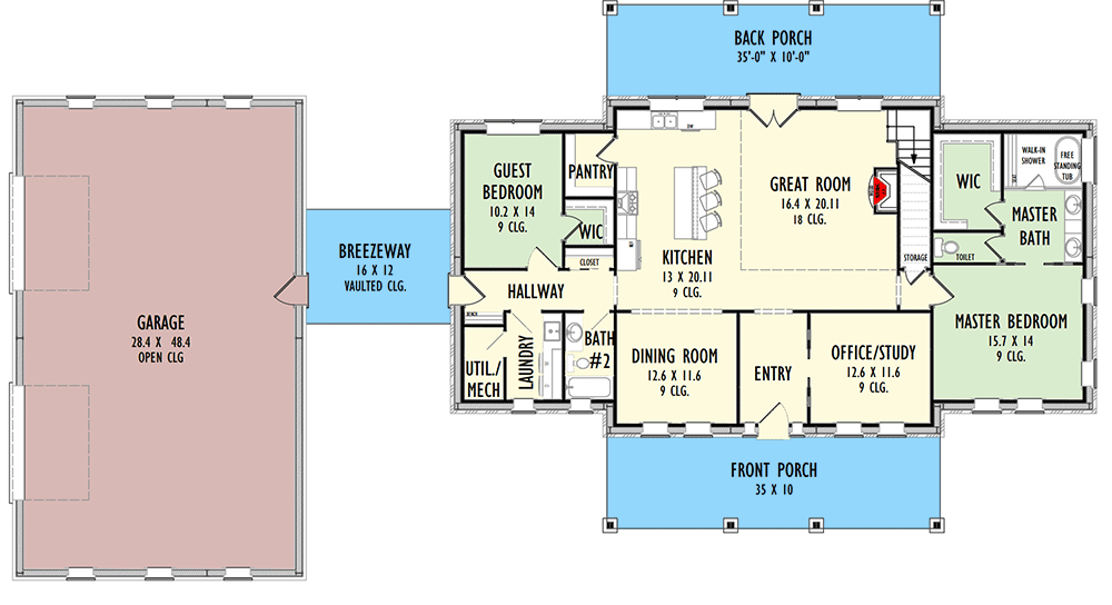 Plan 777057MTL: 3000 Sq Ft Barndominium Style House Plan with 2-Story Great Room and 1550 Sq Ft Garage - Floor Plan - Main Level - Barndominium, Country, Farmhouse, Modern Farmhouse, Traditional