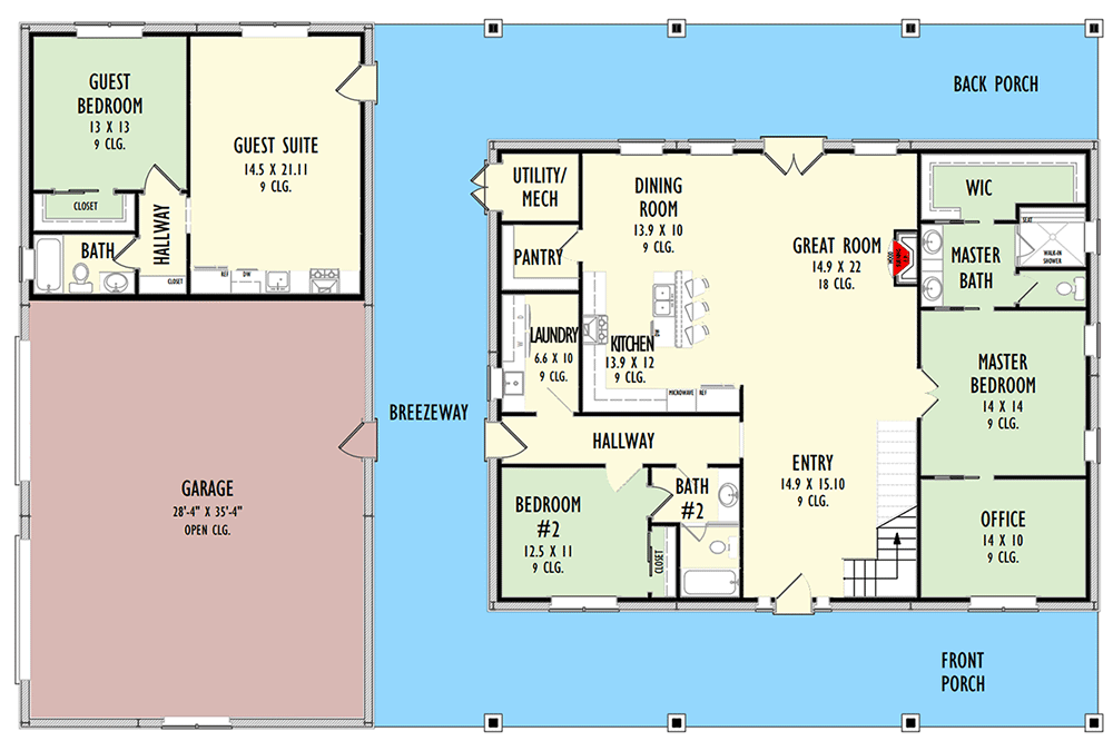 Plan 777058MTL: 4590 Sq Ft Barndominium Style House Plan with Apartment Behind 1090 Sq Ft Garage - Floor Plan - Main Level - Barndominium, Country, Rustic, Traditional