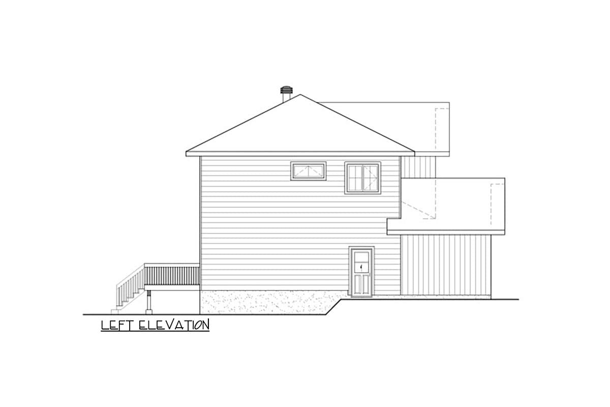 Left elevation house plan drawing with a pitched roof, siding, windows, a door, and a deck.