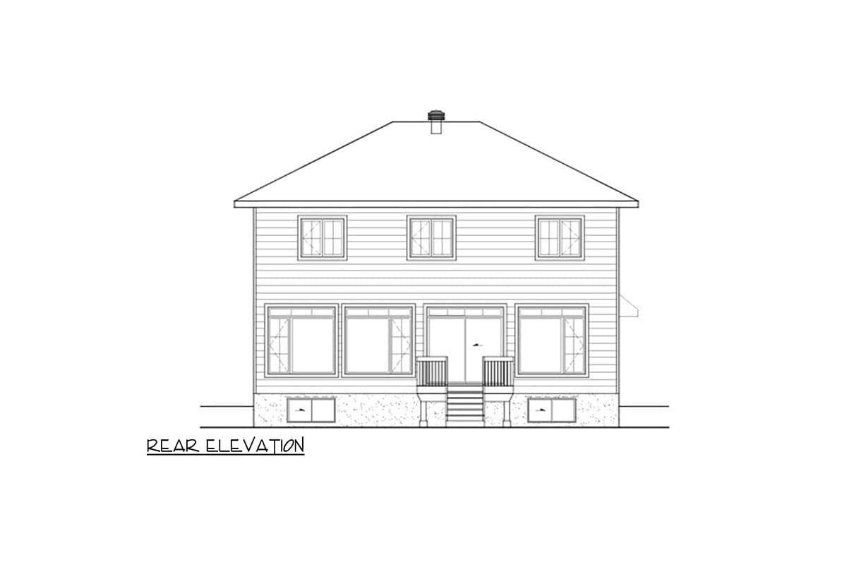Rear elevation drawing of a two-story house with a gabled roof, multiple windows on both levels, and a central sliding door with a small deck.